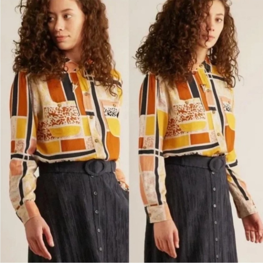 Anthropologie The Odells Top Lisse Geometric Print Button Up Blouse Fall Sz L - Picture 2 of 13
